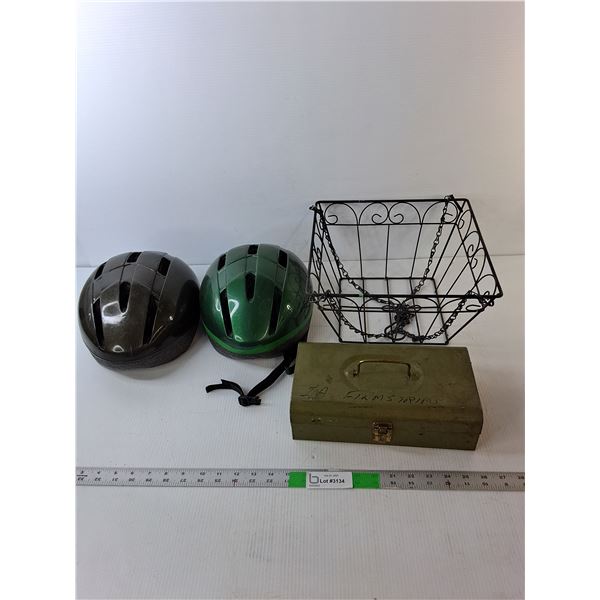 (2) Adult Bike Helmets, Hanging Plant Basket, Storage Box