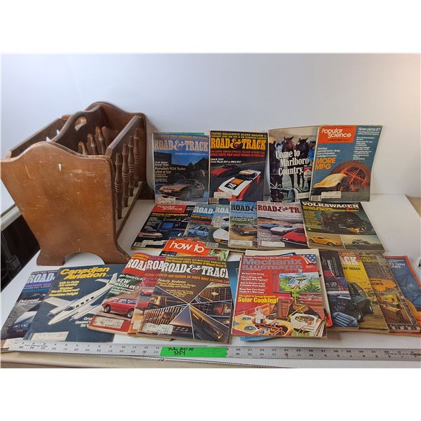 Wooden Magazine Rack & (22) Vintage Magazines- Popular Mechanics, Road & Track, Canadian Aviation, M