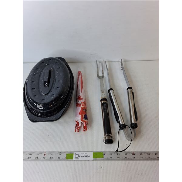 Roasting Pan, Umbrella Hat & Barbecue Tools