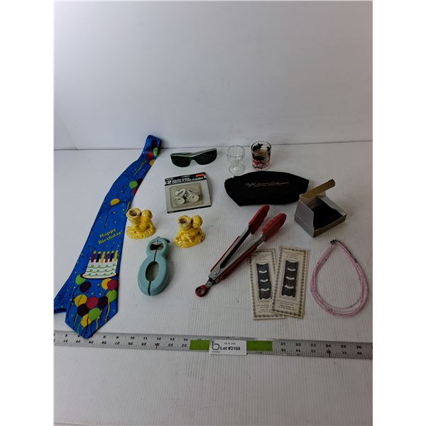Birthday Tie, (4) Candleholders, Tongs, Misc.