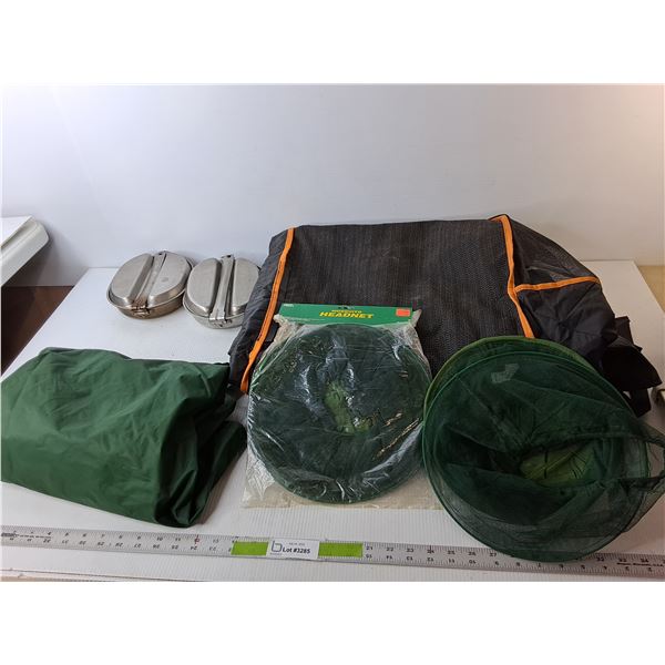 Carseat Cover-Smoky Smell, Raincoat-M, (2) Camp Frying Pans, (2) Mosquito Headnets
