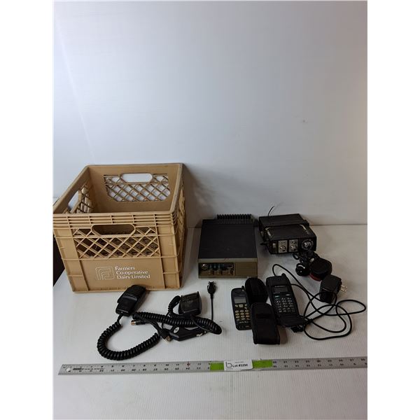 (2) CB Radios, (2) Older Mobile Phones, Milk Crate 11" x 13"- All As is