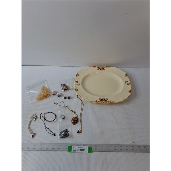 Plate W/Flower Pattern & Jewelry- Bracelets, Clip On Earrings, Necklaces
