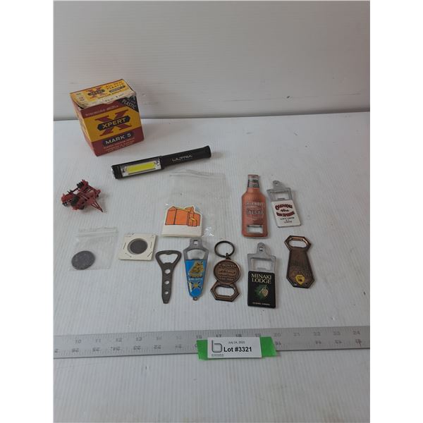 (7) Bottle Openers, Sticky Notes, (2) Coins, Flashlight & Empty ShotGun Shell Box