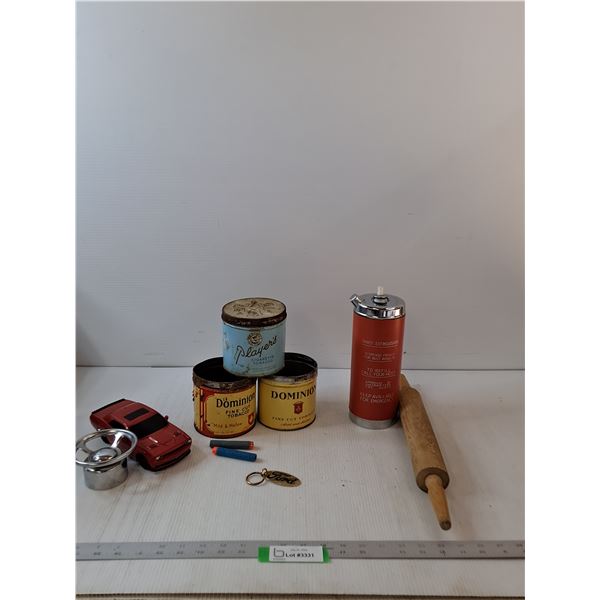 (3) Tobacco Tins, Ford Keychain, Rolling Pin, Thirst Extinguisher, Toy Car & Nerf Gun Bullets