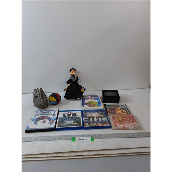 Various Items- Wooden Duck, Movies, Witch Decor, Ball & Coasters