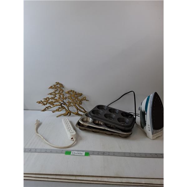 Black And Decker Iron, (3) Muffin Pan, Tree wall Decor & Power Bar