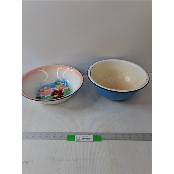 (2) Enamel Bowls- Blue- One Has Flower Pattern