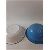 Image 4 : (2) Enamel Bowls- Blue- One Has Flower Pattern