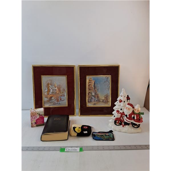 (2) Picture In Frames, Christmas Decor, Holy Bible, Bath Soak, Bag Tag & Kids Wallet