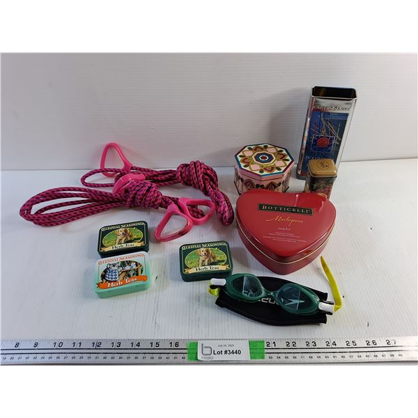 Various Tins, Pick Up Sticks Game, Swimming Goggles and Cords with Handles