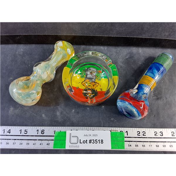 Glass Ash Tray and (2) Glass Smoking Pipes