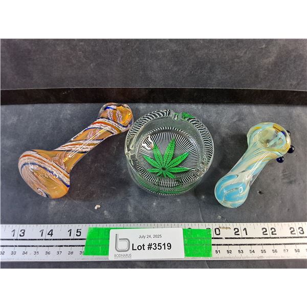 Glass Ash Tray and (2) Glass Smoking Pipes