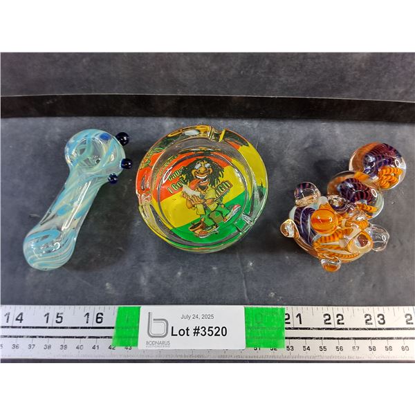 Glass Ash Tray and (2) Glass Smoking Pipes