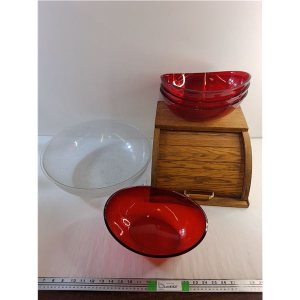 Wooden Bread Box and Plastic Bowls