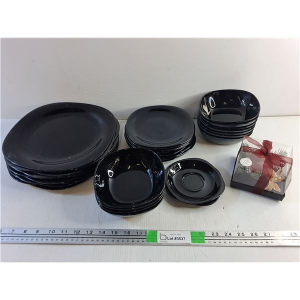Black Ceramic Dining Plates & Bowls Set and Christmas Candle Holder