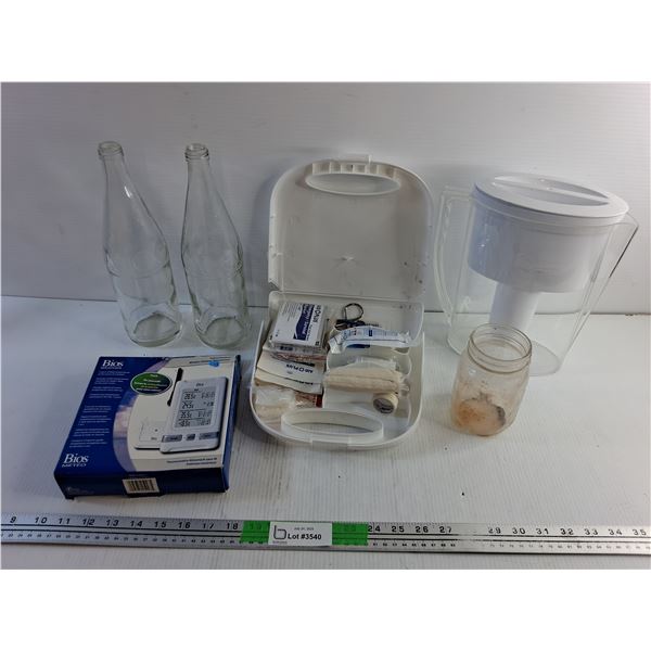First Aid Kit, Water Pitcher, Wireless Almanac Thermometer, Pop Bottles and Jar