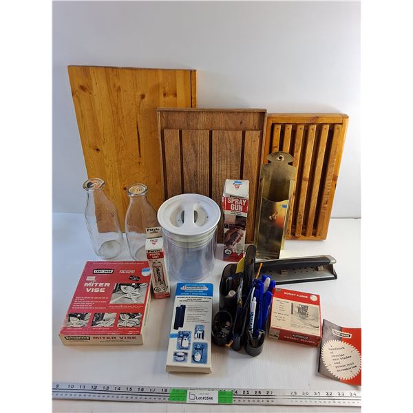Cutting & Serving Wooden Boards, Milk Bottles, Hole Punch, Mosquito Lure, Cookie Jar, Miter Vise