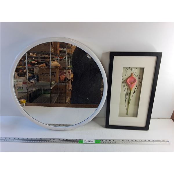Framed Round Mirror 22" and Framed Wall Decor 20" x 11"