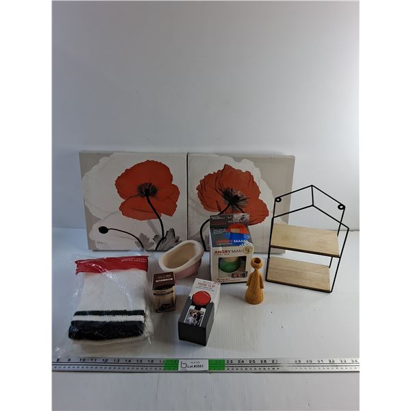 (2)  Art Prints, Angry Mama Microwave Cleaner, Hockey Socks, Phone Clip and Leather Repair Tape