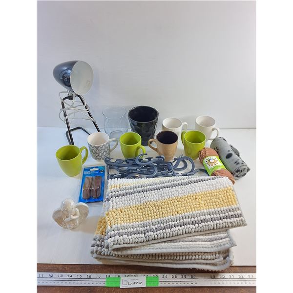 Desk Lamp, Ceramic Mugs, Door Stop Wedges, Bathroom Floor Mat, Angel Figure and Misc