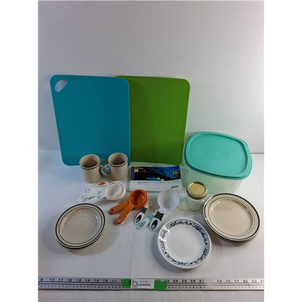 Cutting Boards, Dining Plates, Lidded Container, Mugs, Measuring Spoons and Misc