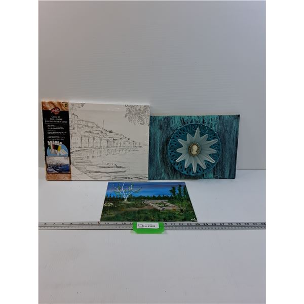 (2) Original Paintings: Cameo Lady & Cabin & Painting Set