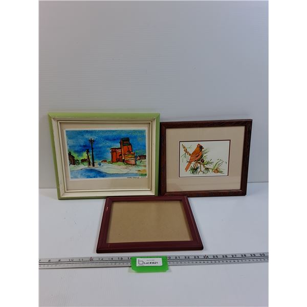 (2) Watercolor Original Artworks: Cardinal & Saskatchewan Grain Elevators & Picture Frame - 14" x 12