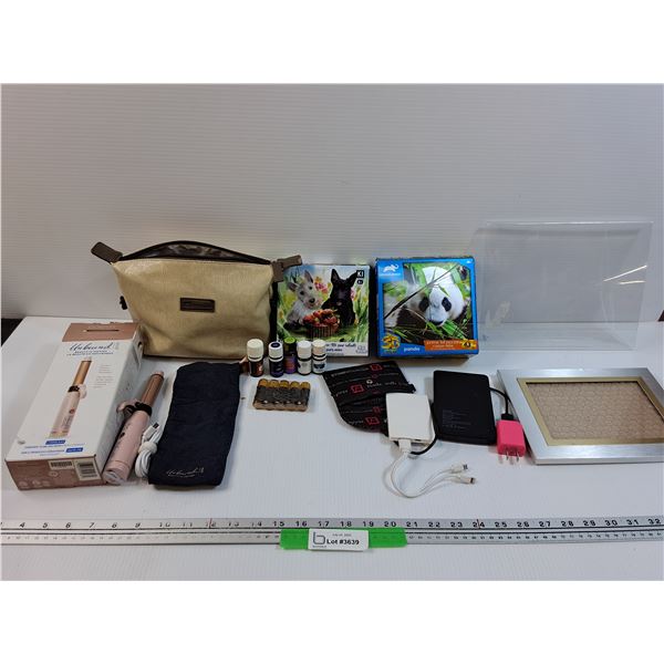 Beauty Bag, (2)Puzzles, (2)Picture Frames, Wallet, (2)Power Banks, (6)Essential Oils, Mini Curling I