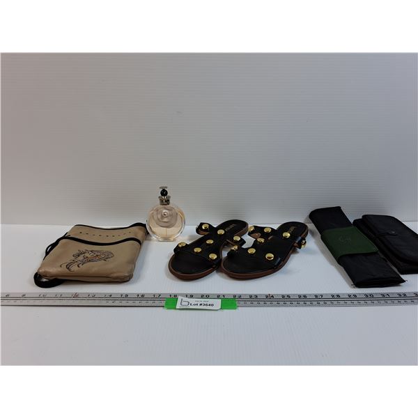 Lot: Valentino Womens Perfume (3/4 Full), Horse Purse, Ladies Sandals (Size 8.5), (2) Travel Storage