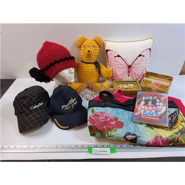 Lot: Knitted Touque, Stuffed Bear, Small Pillow, (2)Hats, Decorations, (2)Card Boxes, (2)Medium Misc
