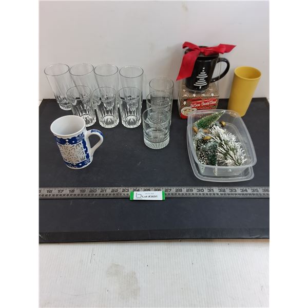 Assorted Drinking Glasses, Mugs, Hot Cocoa Gift Pack, Mini Ornamental Trees