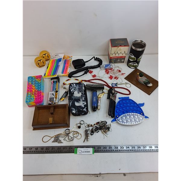Assorted Pens, Jewelry, String Lights, CB Radio Speaker, Misc.