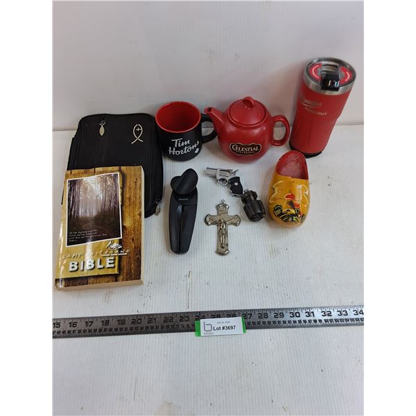 Tea Pot, Tim's Mug, Gun Lighter, Cross, Bible, Misc.