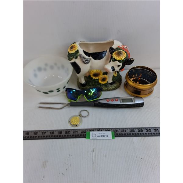 "Cow" Vase, Mixing Bowl, Temperature Fork, Shades, Misc.