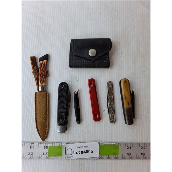 (6) Pocket Knives, Sheath and Pouch Up to 6.25" Long
