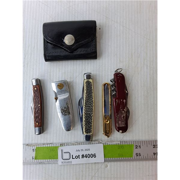 (5) Pocket Knives & Pouch Up to 5.5" Long