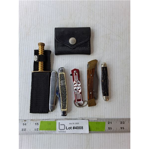 (6) Pocket Knives, Sheath & Pouch Up to 7" Long