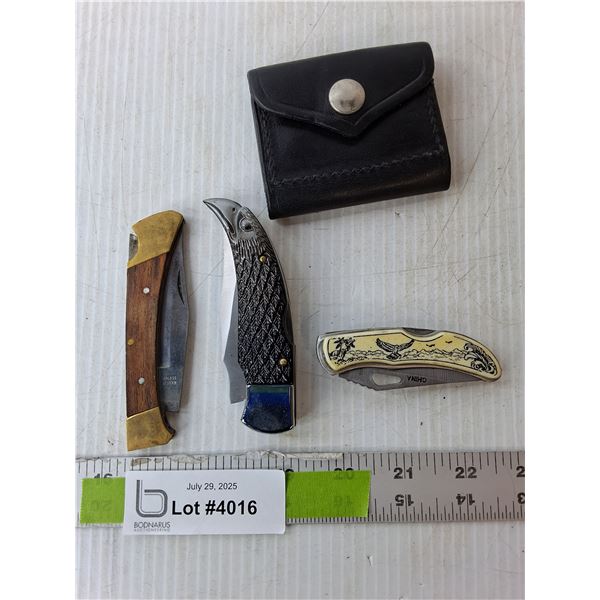 (3) Pocket Knives & Pouch Up to 7" Long