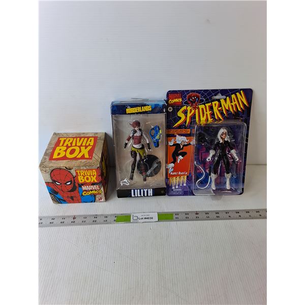 Marvel Trivia Box Game- Opened & (2) Figurines- Black Cat & Lilith- Sealed
