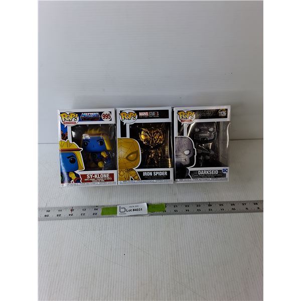 (3) Funko Pop Figurines- Darkseid, Iron Spider & Sy-Klone, NIB