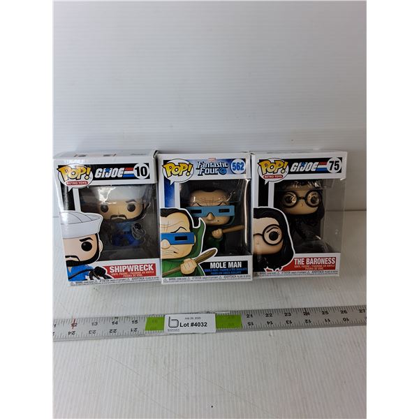 (3) Funko Pop Figuries- The Baroness, Mole Man, Shipwreck-NIB