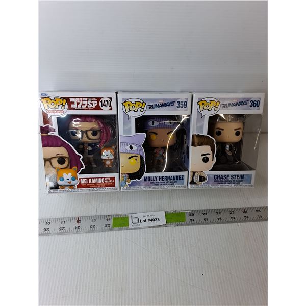 (3) Funko Pop Figurines- Chase Stein, Molly Hernandez, Mei Kamino with Pelops II-NIB