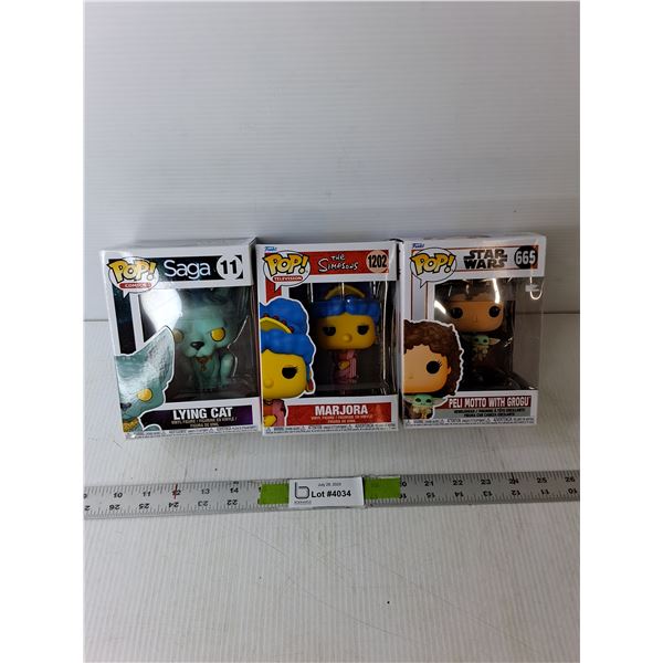 (3) Funko Pop Figurines- Lying Cat, Marjora, Peli Motto with Grogu- NIB