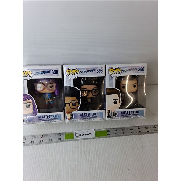 (3) Funko Pop Runaways Figurines- Chase Stein, Alex Wilder, Gert Yorkes- NIB