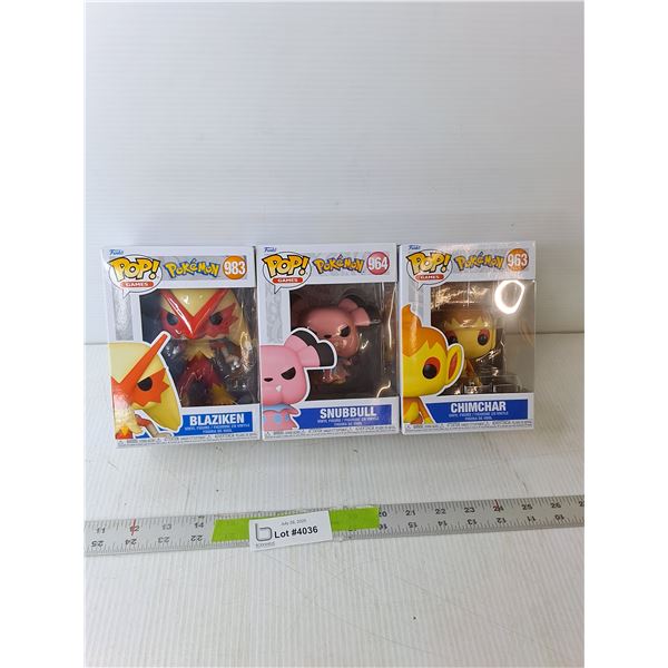 (3) Funko Pop Pokemon Figurines- Chimchar, Snubbull, Blaziken- NIB