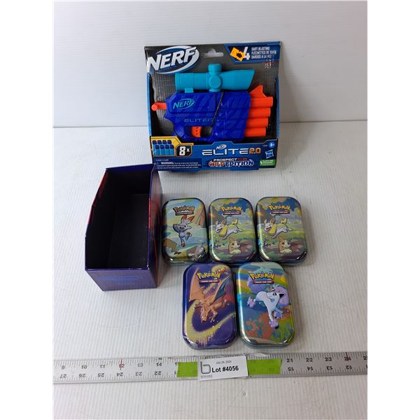Nerf Elite 2.0 Dart Gun- NIB & (5) Pokemon Tins with Cards- Cannot Authenticate