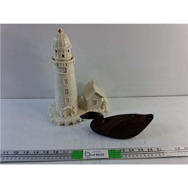 Carved Wood Duck and Ceramic Light House Decor