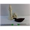 Image 1 : Carved Wood Duck and Ceramic Light House Decor