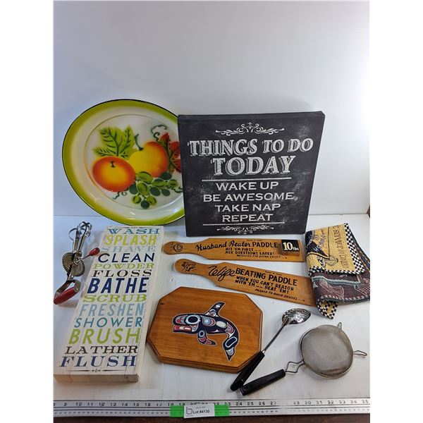 Enamel Serving Platter, Various Wall Decor, Strainer, (2) Beating Souvenir Paddles and Whisk